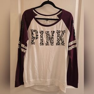 PINK Victoria's Secret Long Sleeve Top - White and Purple with Sequin Logo SizeM